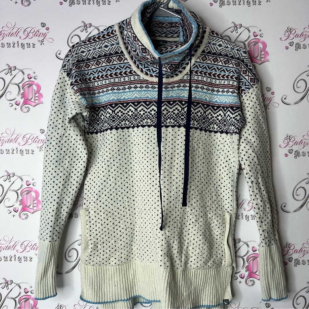 Eddie Bauer Blue and Red Knit Sweater turtleneck wool cottage pattern Aztec